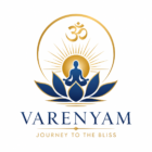Varenyam Journey to the Bliss spiritual logo with rising sun, meditation flame, and blue lotus design