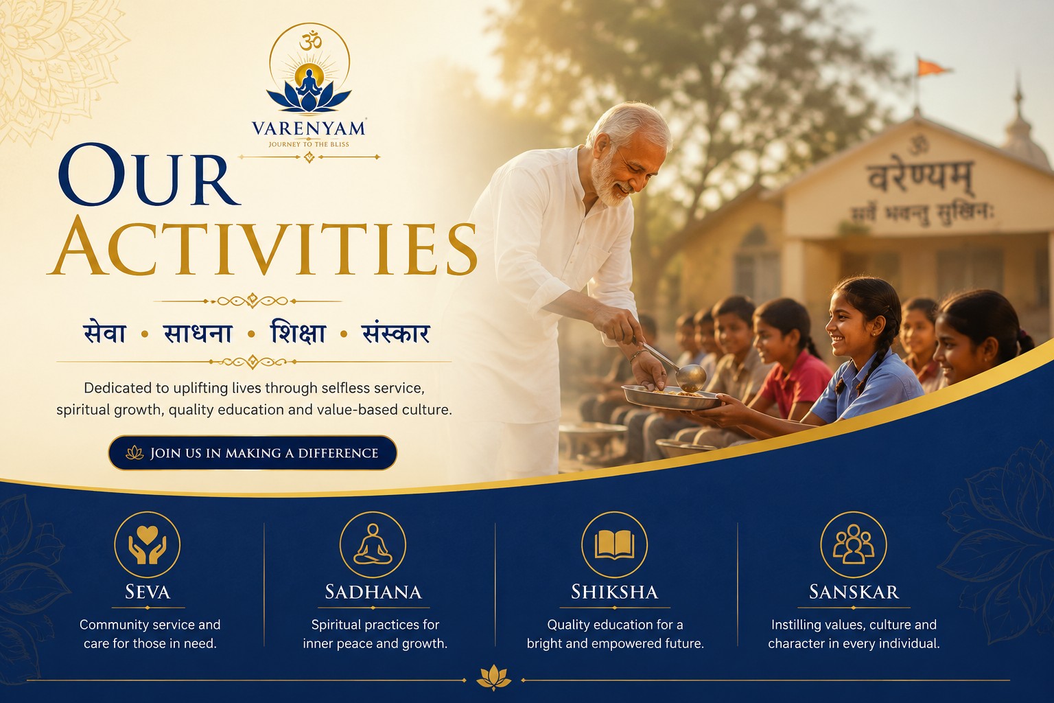 Varenyam Journey to the Bliss Our Activities banner showcasing seva, spiritual growth, education, humanitarian service and value-based cultural activities in India.