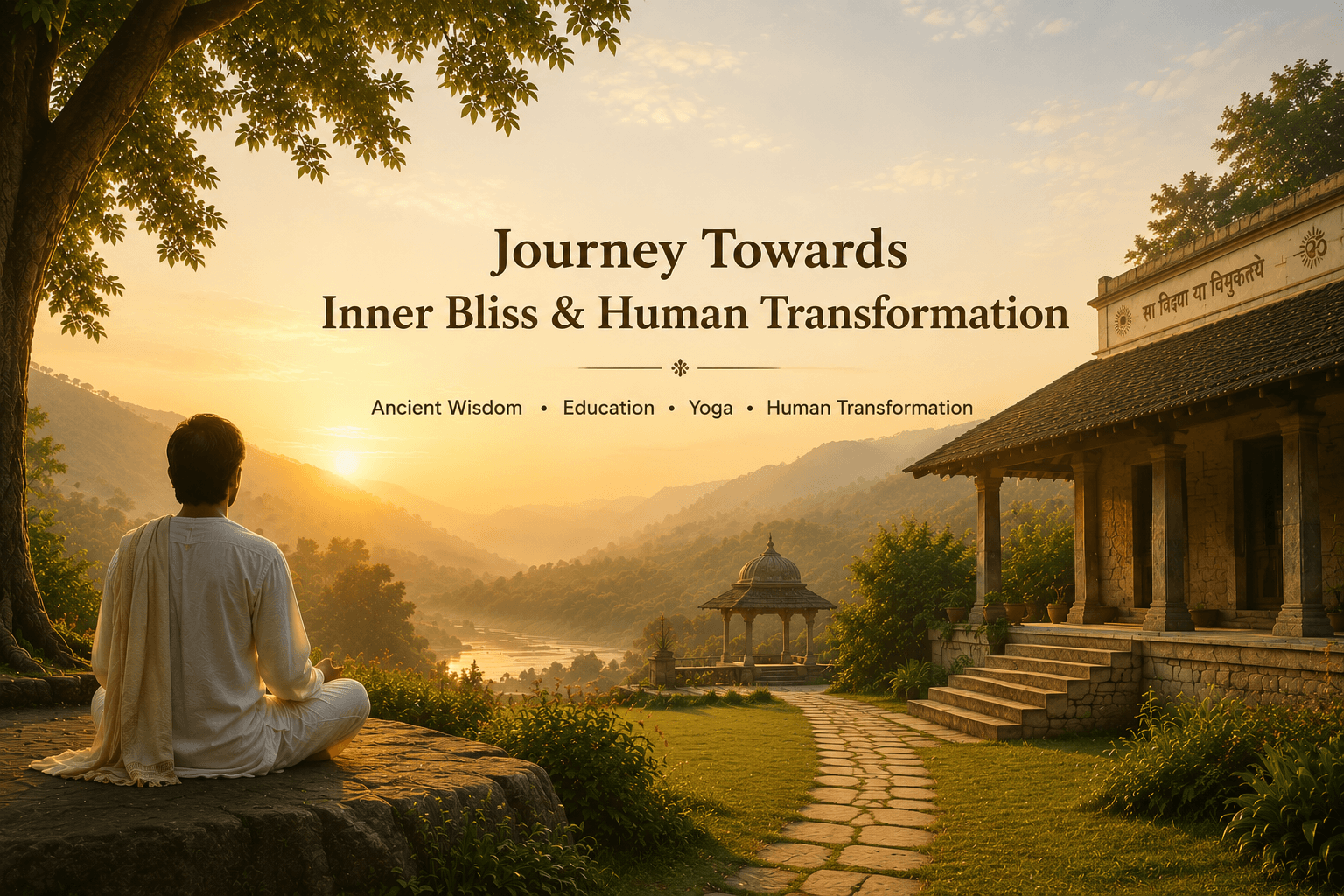 Meditation at sunrise near a peaceful gurukul representing spiritual awakening, yoga, education and conscious living by Varenyam Journey to the Bliss.