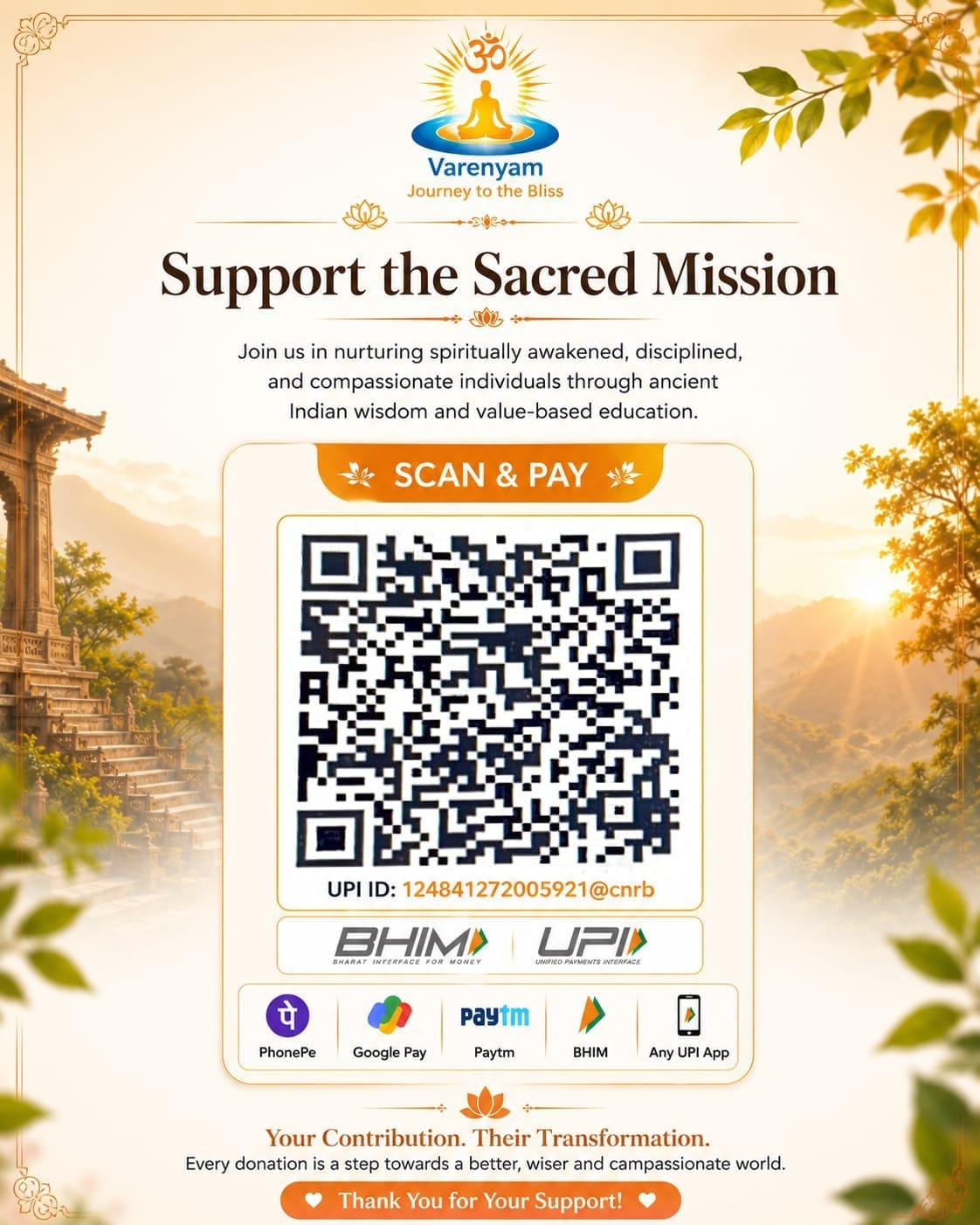 Alt Text: QR code for donation to Varenyam Journey to the Bliss trust via BHIM UPI.