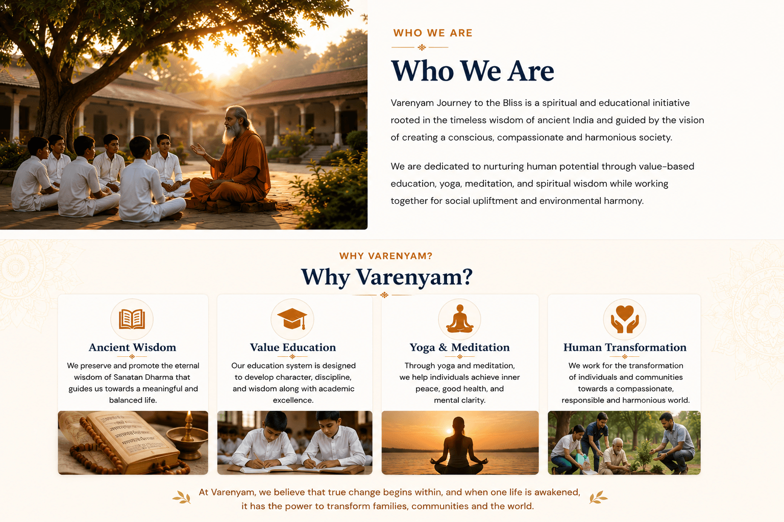 Varenyam Journey to the Bliss spiritual education and yoga section with gurukul and meditation imagery